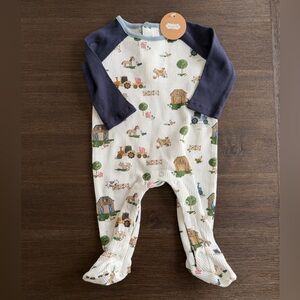 NWT Mud Pie Navy and Cream Farm Print Footed One Piece